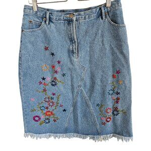 Carole Little Sport Woman Size 12 Floral Hand Embroider Jean Skirt VTG Raw Hem
